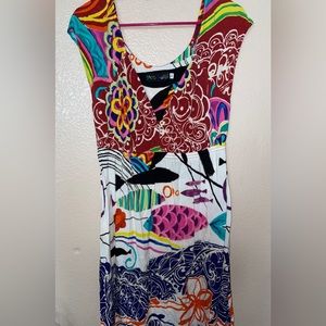 VTG JAMS WORLD HAWAII “Pescado” Sherry V-Neck Cap Sleeve Rayon Dress SM